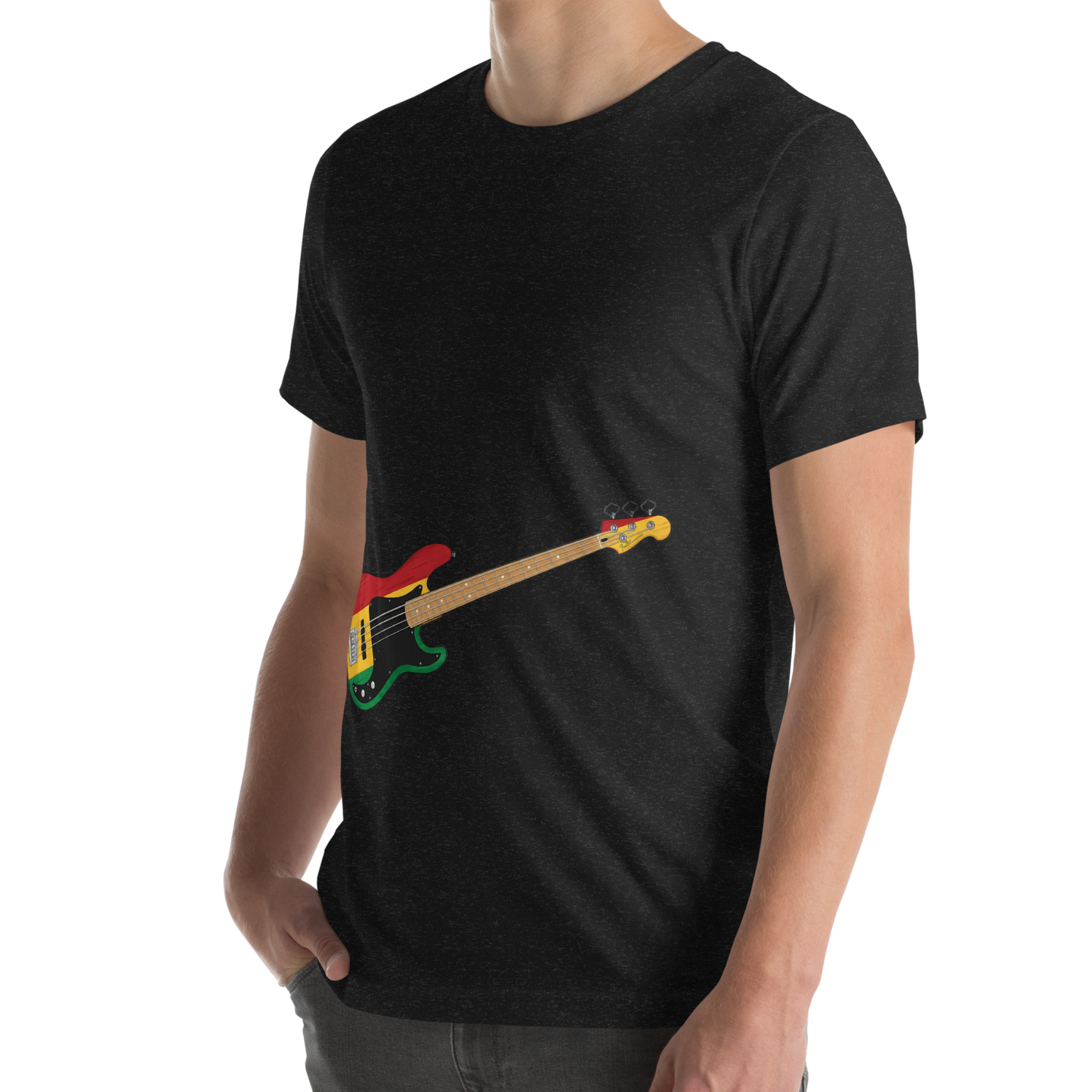 Person wearing a black t-shirt with a reggae inspired bass guitar graphic on a white background