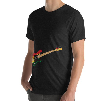 Person wearing a black t-shirt with a reggae inspired bass guitar graphic on a white background