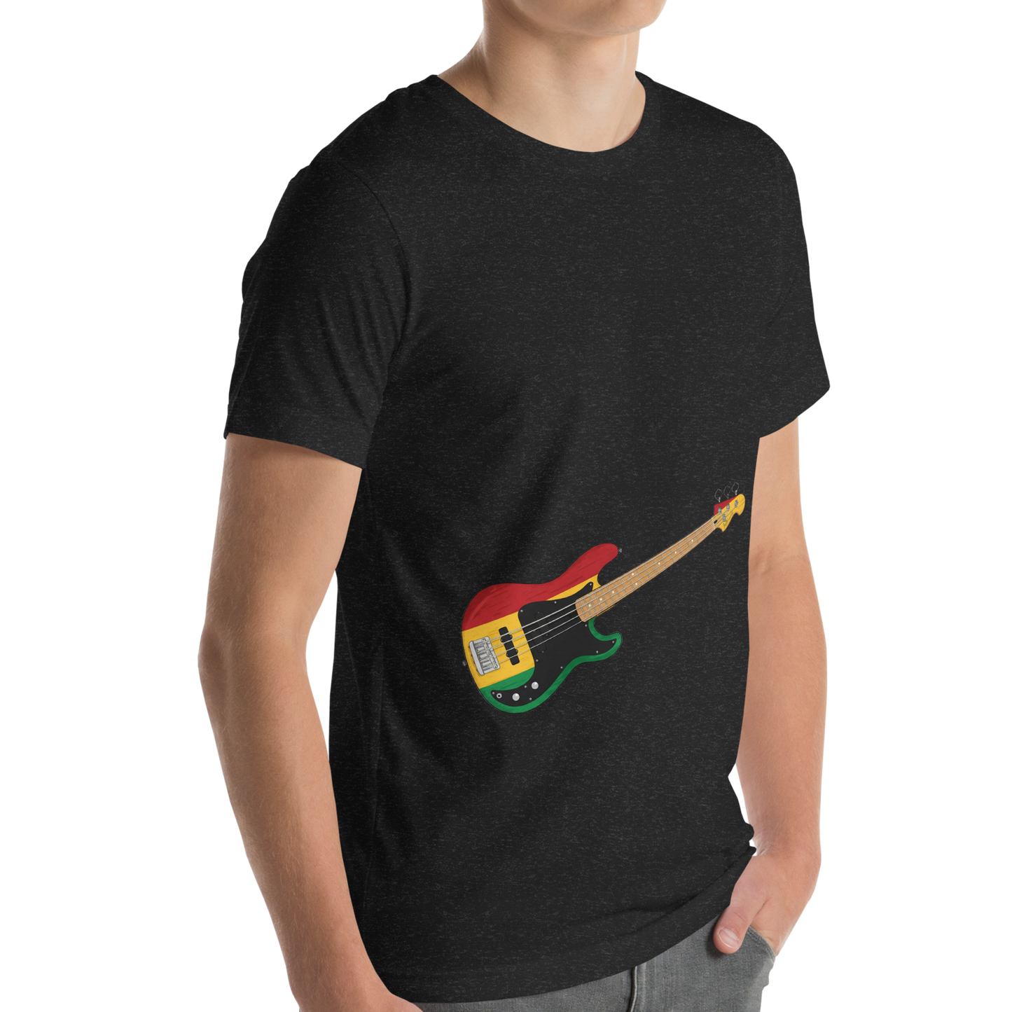 Person wearing a black t-shirt with a reggae inspired bass guitar graphic on a white background