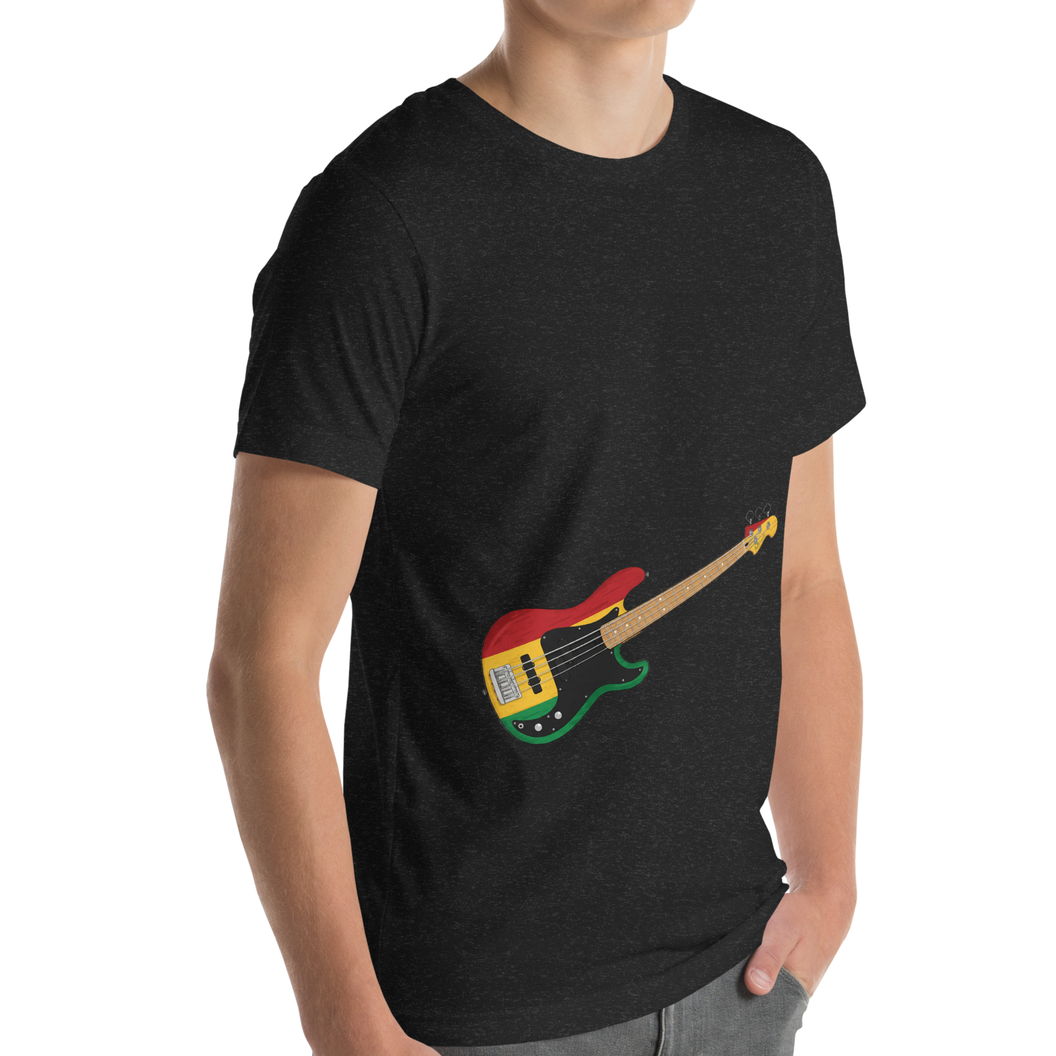 Person wearing a black t-shirt with a reggae inspired bass guitar graphic on a white background
