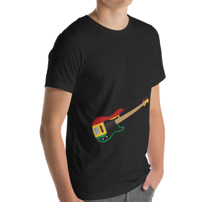 Person wearing a black t-shirt with a reggae inspired bass guitar graphic on a white background