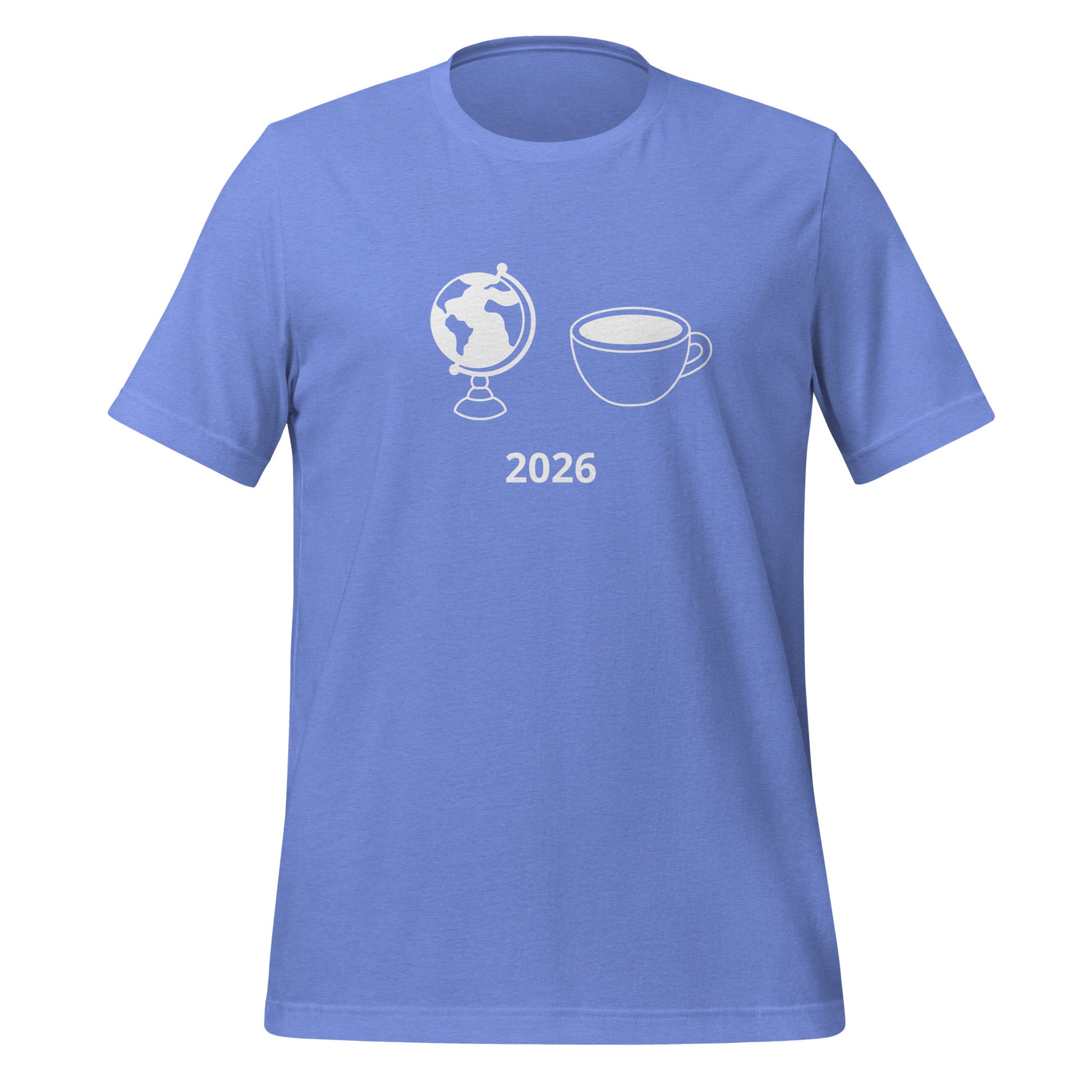 2026 football fan t-shirt with globe and cup graphic on front