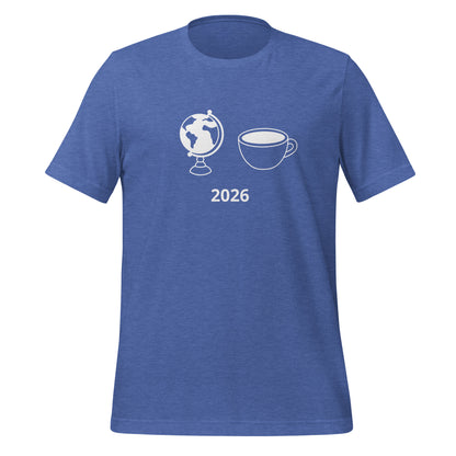 2026 football fan t-shirt with globe and cup graphic on front