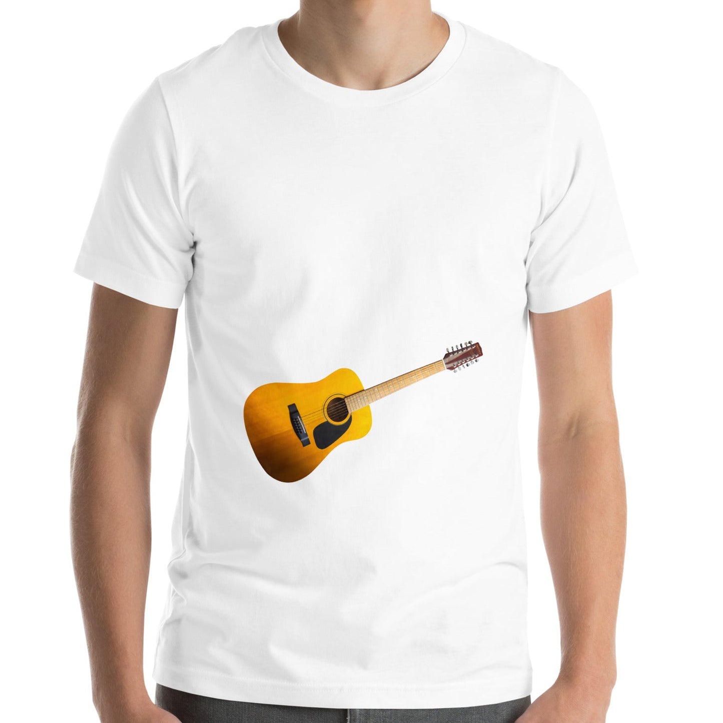 Person wearing a t-shirt with a yellow guitar graphic on a white background