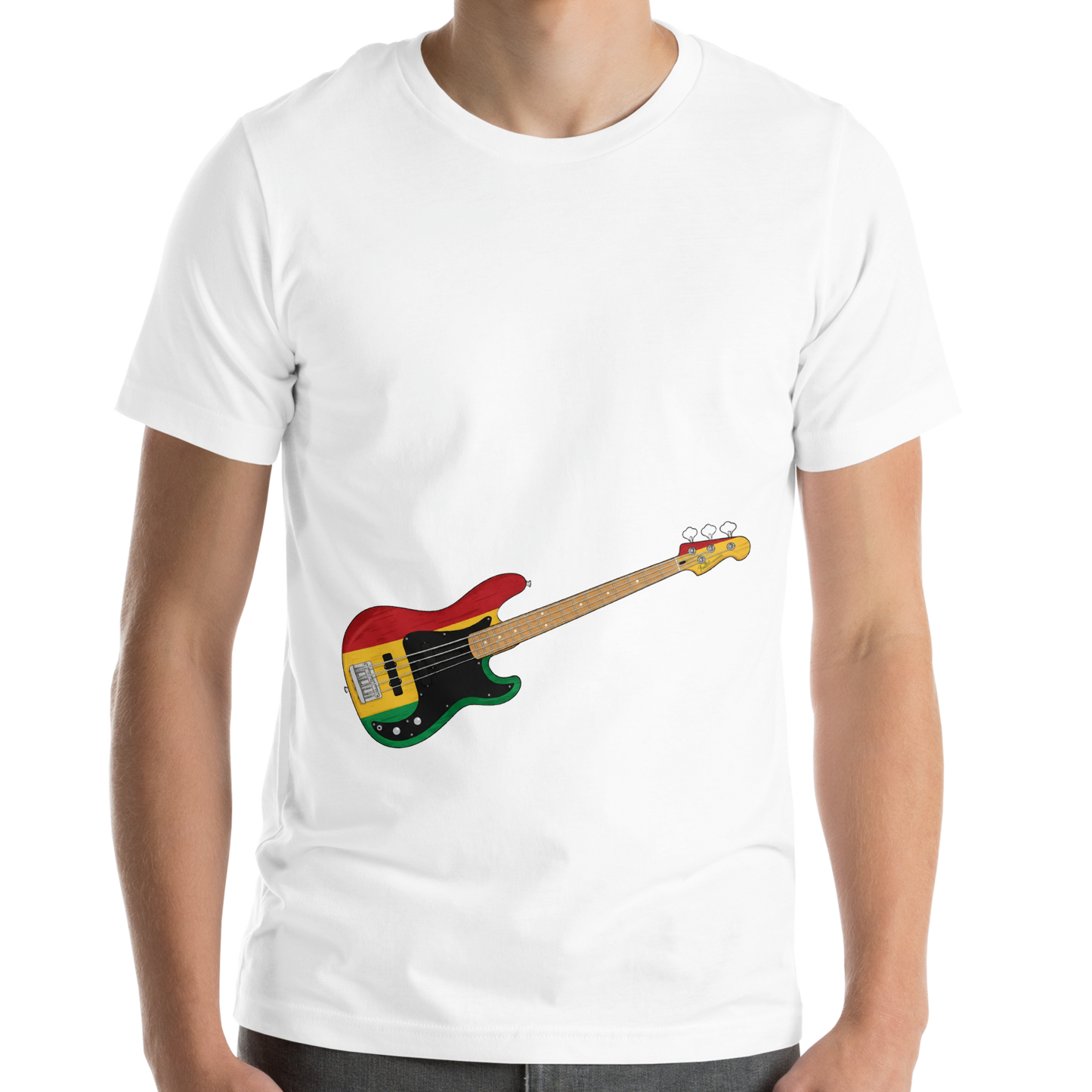 Person wearing a white t-shirt with a reggae inspired bass guitar graphic on a white background