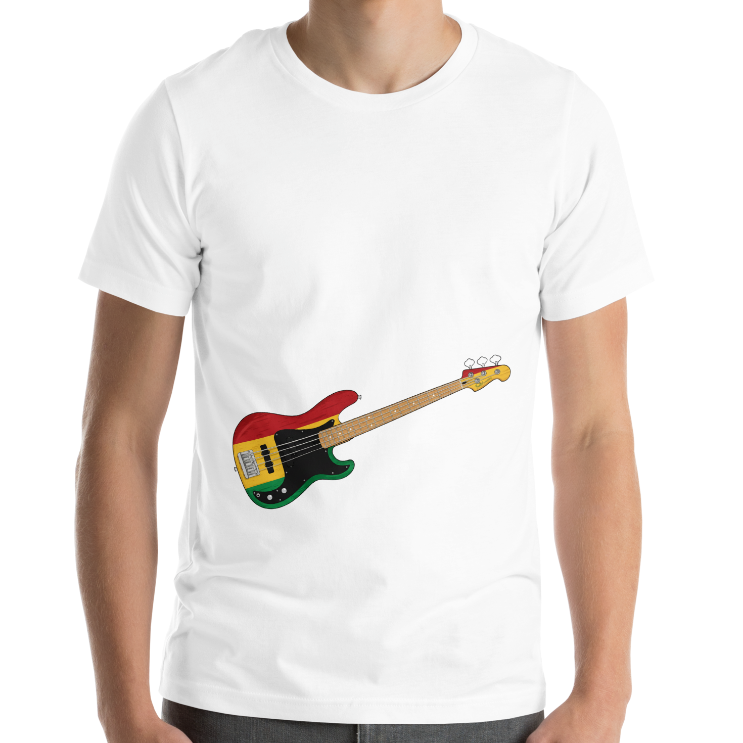 Person wearing a white t-shirt with a reggae inspired bass guitar graphic on a white background