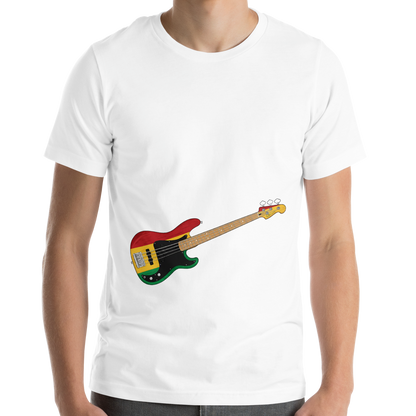 Person wearing a white t-shirt with a reggae inspired bass guitar graphic on a white background