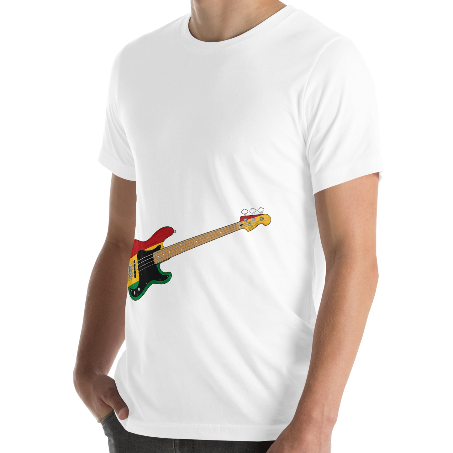 Person wearing a black t-shirt with a reggae inspired bass guitar graphic on a white background