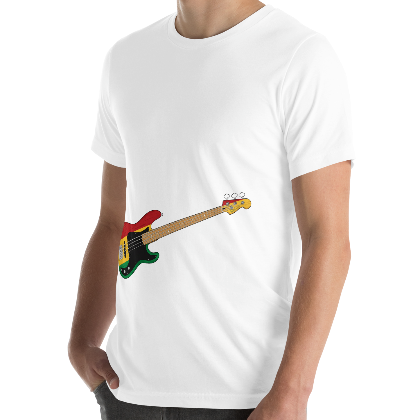 Person wearing a black t-shirt with a reggae inspired bass guitar graphic on a white background