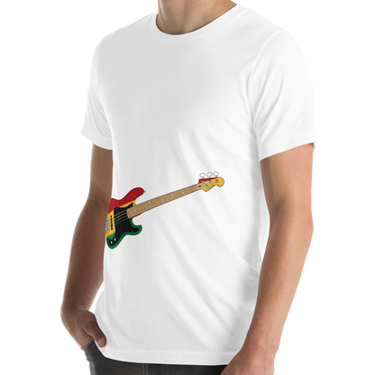 Person wearing a black t-shirt with a reggae inspired bass guitar graphic on a white background