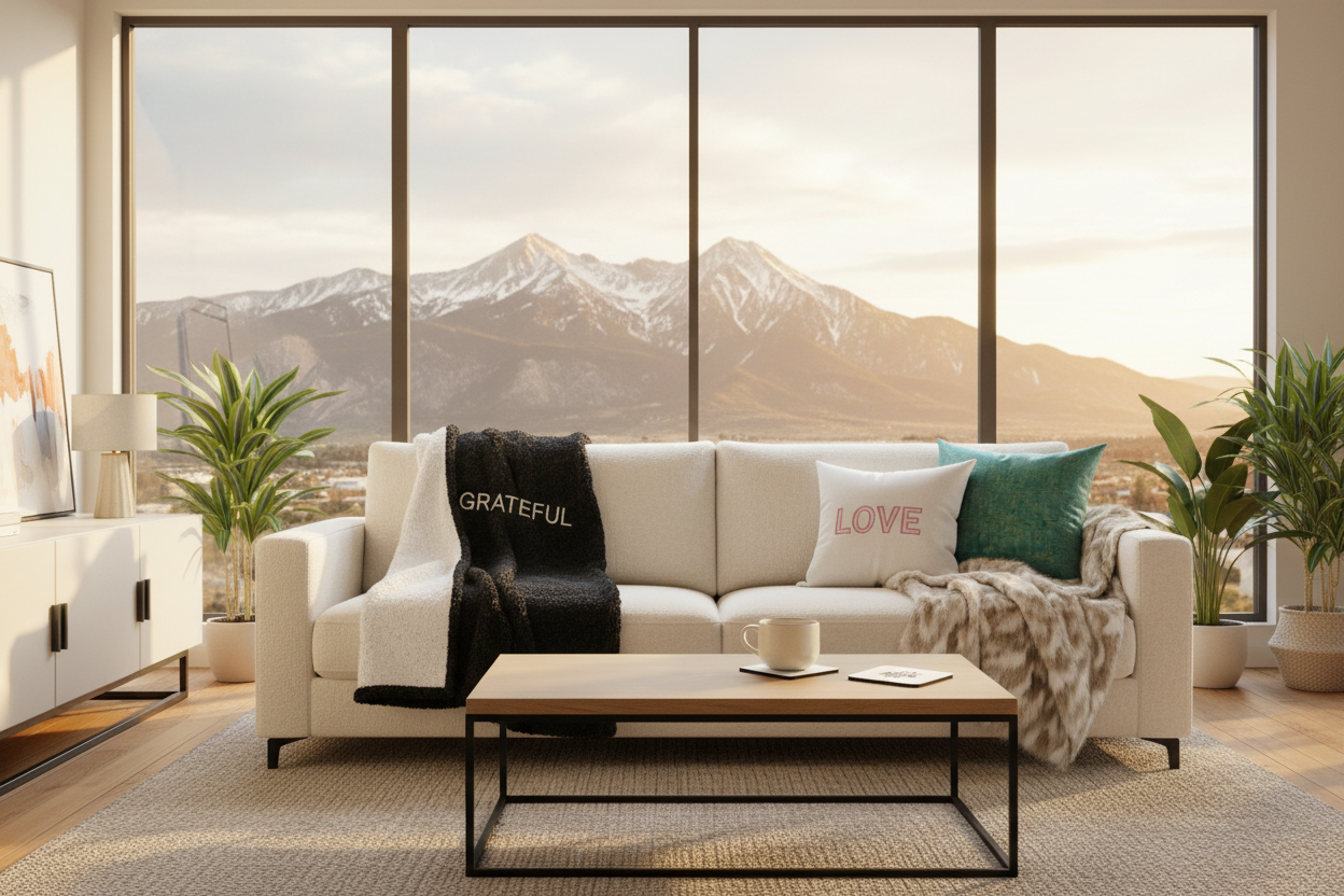 Modern living room with a white sofa, coffee table, and scenic mountain view.