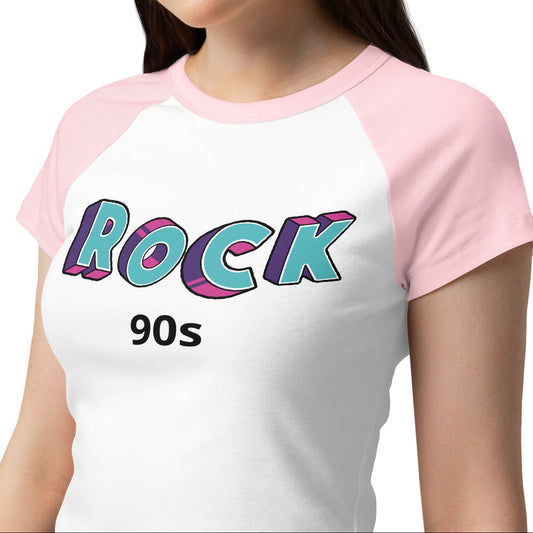 Woman wearing a white t-shirt with pink sleeves and 'ROCK 90s' text.